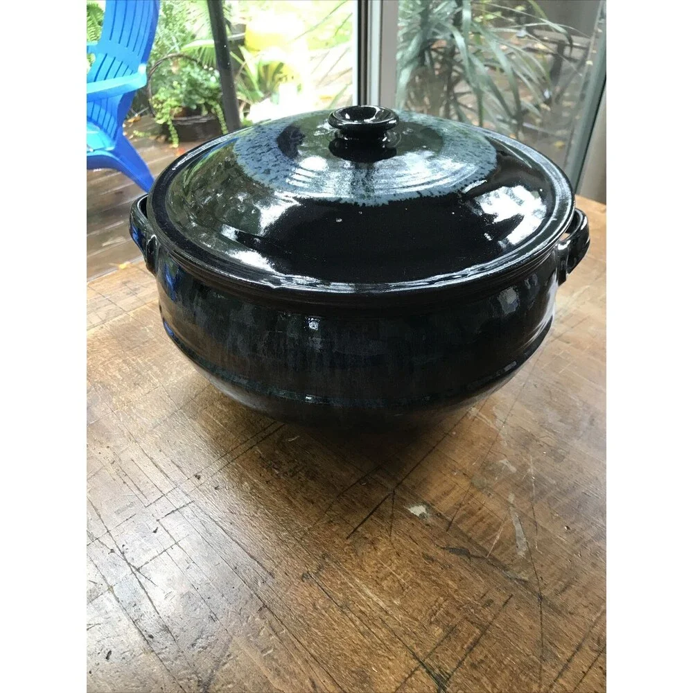 Large Pottery Stoneware Blue Glaze Unsigned With Lid & Handles Cottagecore